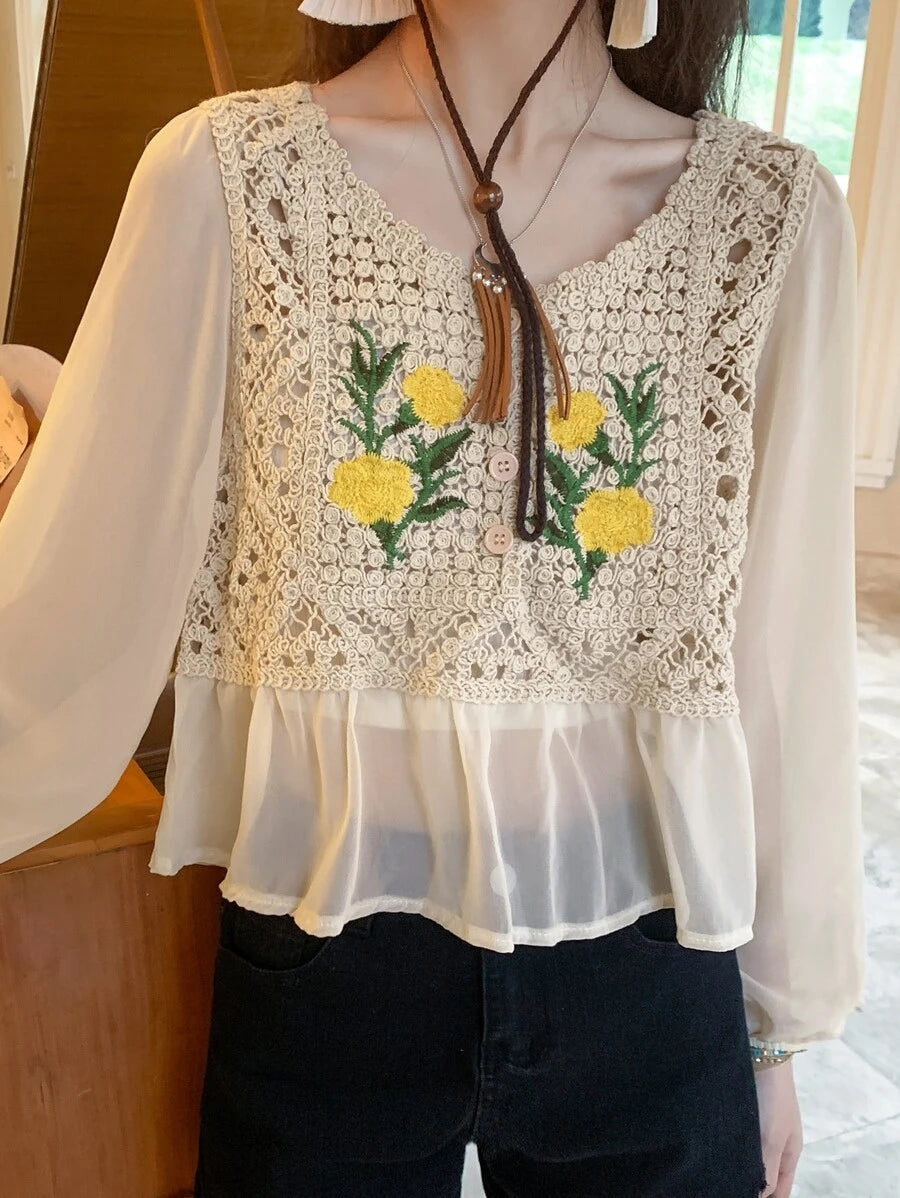 Ladies Hollowed Out Crochet Chiffon Sun Protective Long Sleeved V Neck Blouse