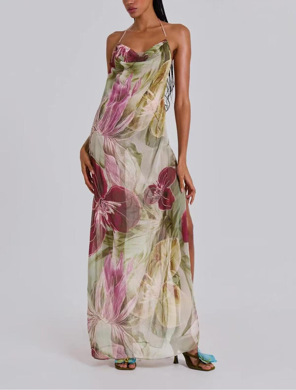 Retro National Leaves Branches Leaves Elastic Printing Fabric Spring Summer Halter Dress