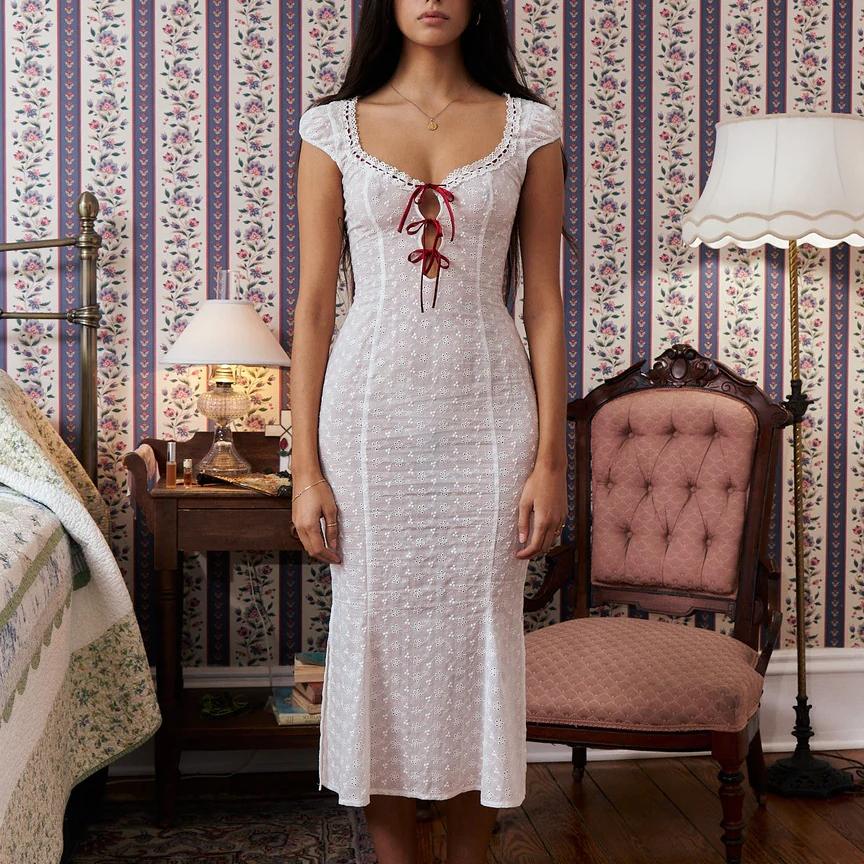 Summer Lace Stitching Embroidered Crew Neck Lace up Dress Women