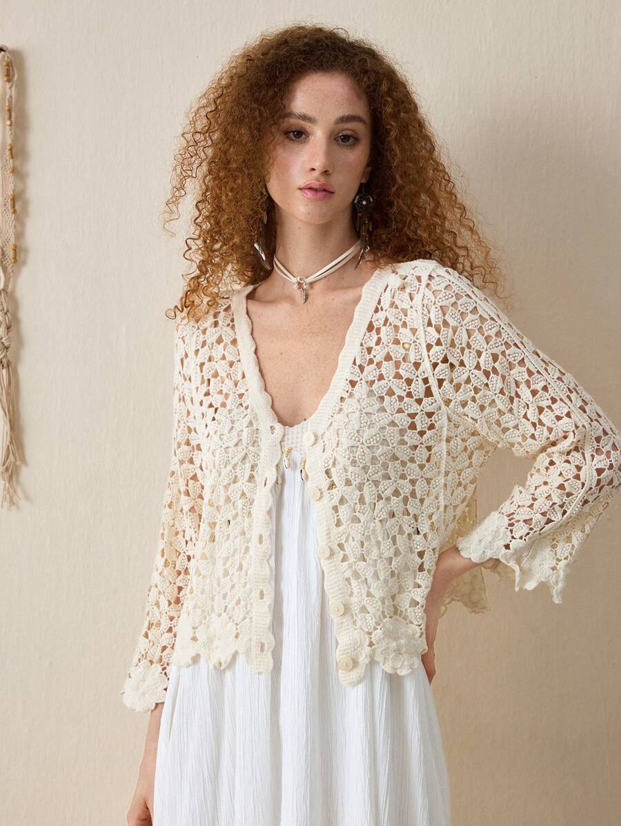Cardigan au crochet de couleur unie pour femme, printemps-automne