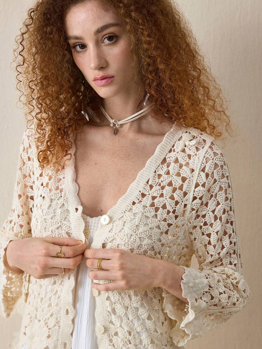 Cardigan au crochet de couleur unie pour femme, printemps-automne