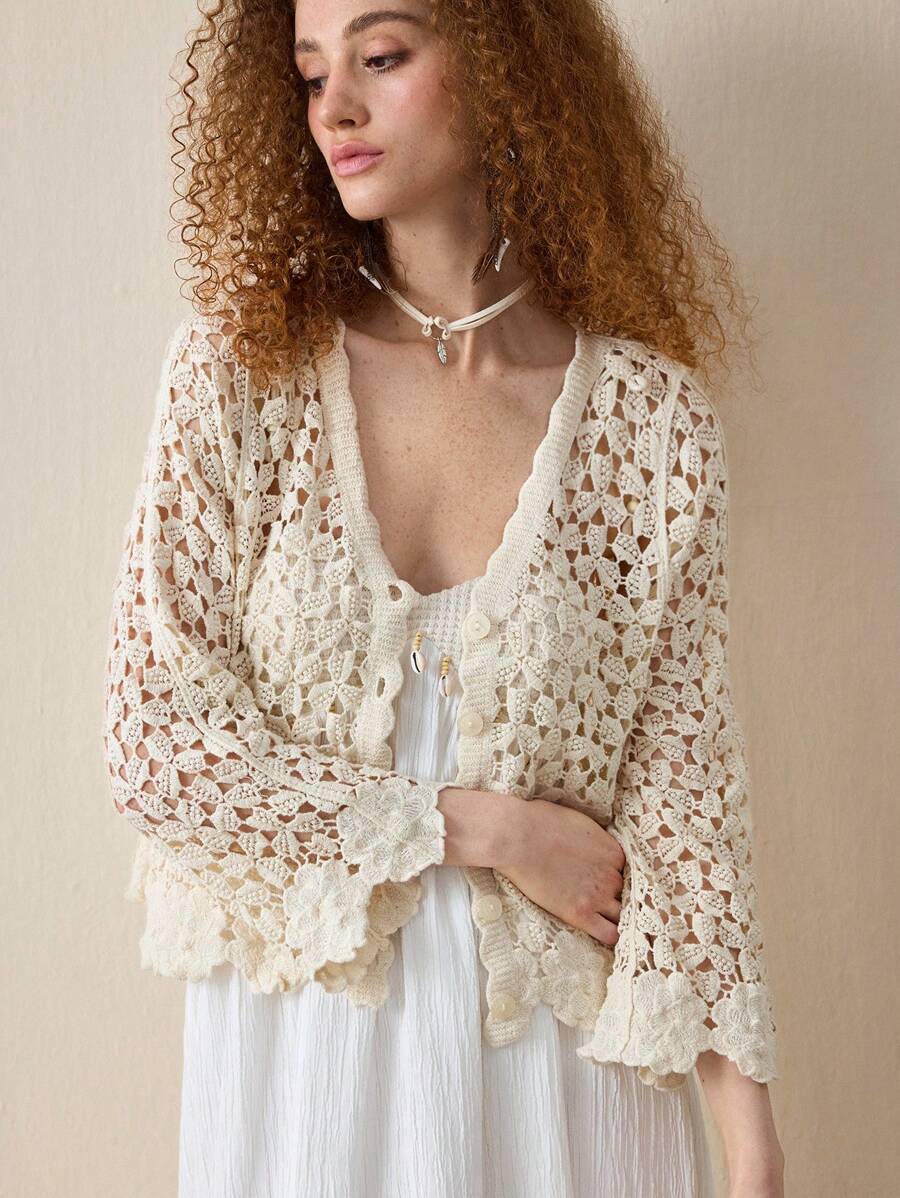 Cardigan au crochet de couleur unie pour femme, printemps-automne