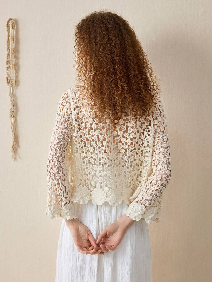 Cardigan au crochet de couleur unie pour femme, printemps-automne