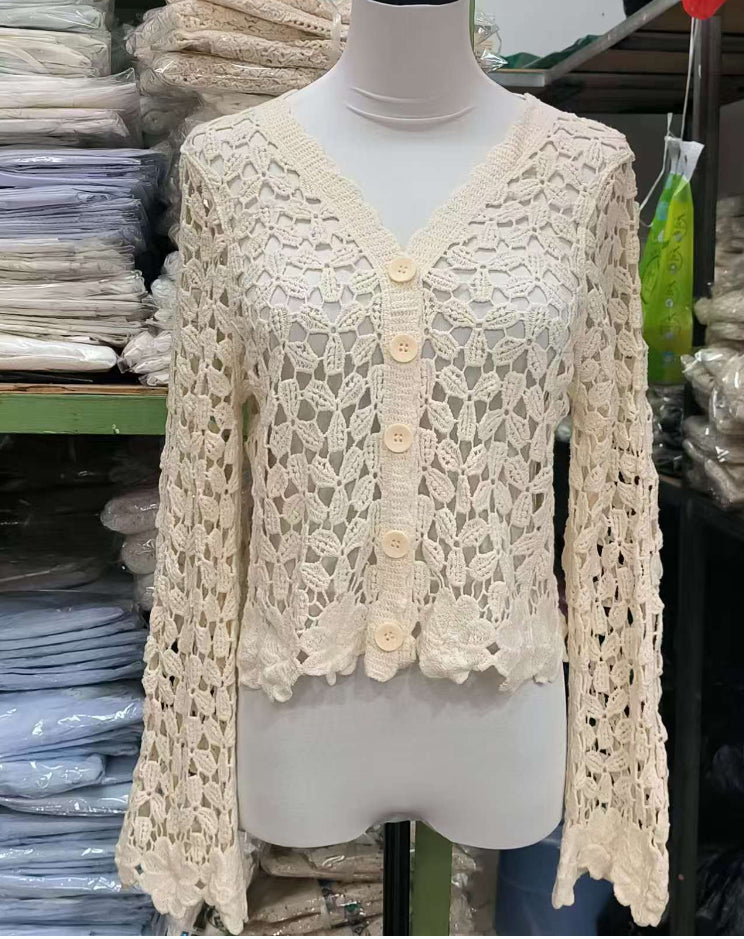 Cardigan au crochet de couleur unie pour femme, printemps-automne