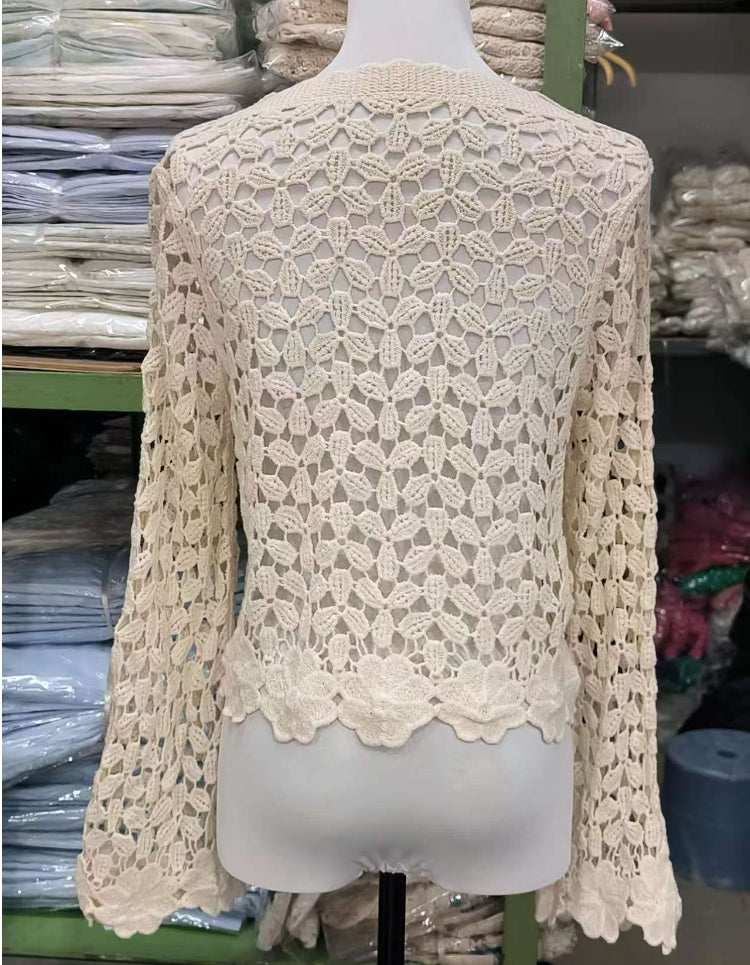 Cardigan au crochet de couleur unie pour femme, printemps-automne