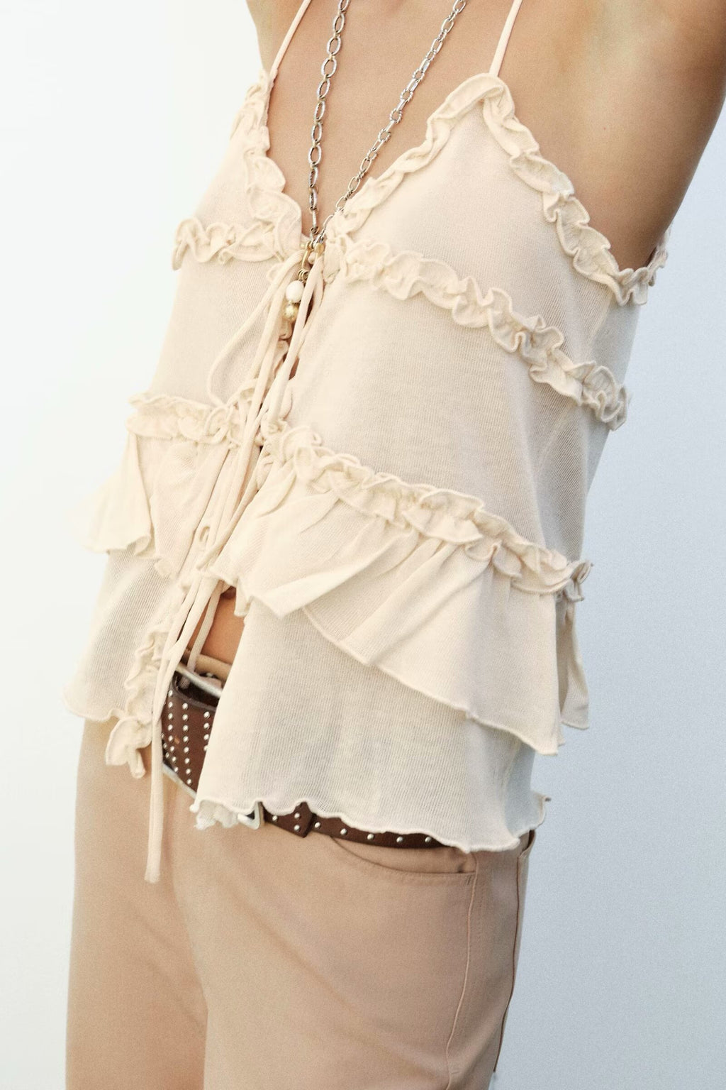 Summer Sexy Women Elegant Ruffled Spaghetti Straps Vest Inner Match Top