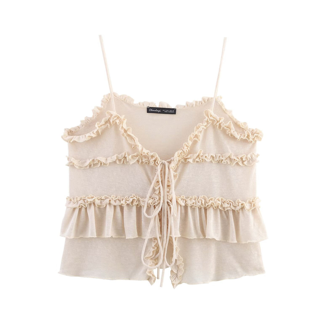Summer Sexy Women Elegant Ruffled Spaghetti Straps Vest Inner Match Top