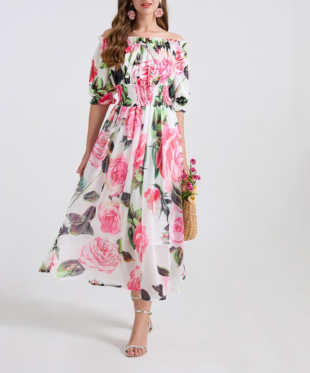 Ladies Printed Sexy One Shoulder Rubber Band Cinched Waist Bow Tie Tie Printed Large Swing Chiffon Patchwork Dress