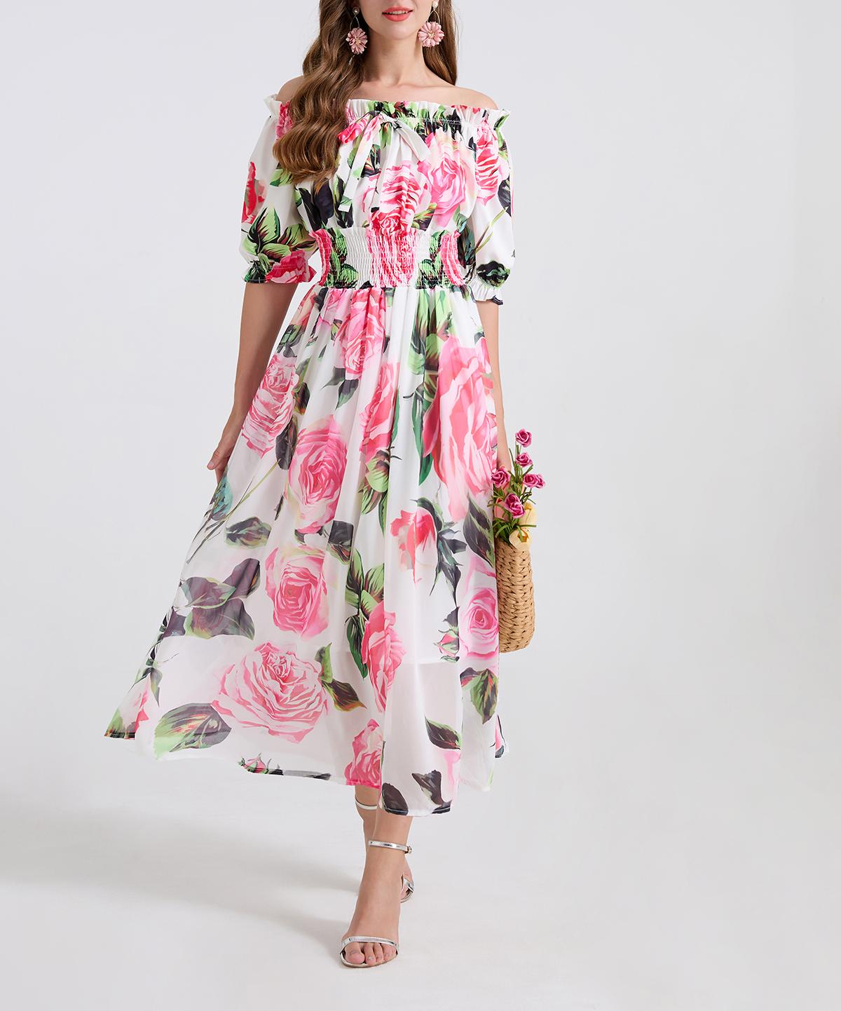 Ladies Printed Sexy One Shoulder Rubber Band Cinched Waist Bow Tie Tie Printed Large Swing Chiffon Patchwork Dress