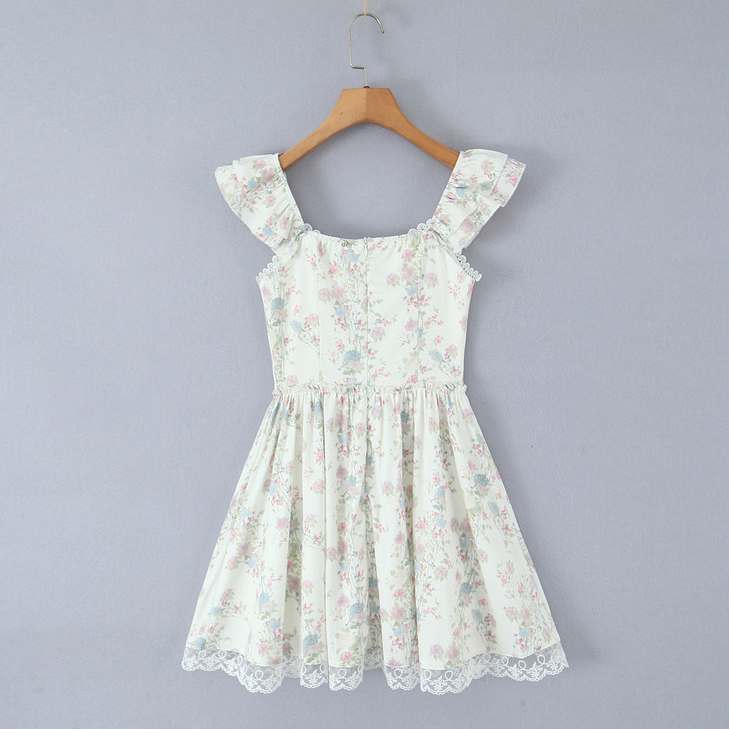 Summer Cherry Blossom Lace Embroidered Square Collar Floral Sweet Waist Trimming Dress