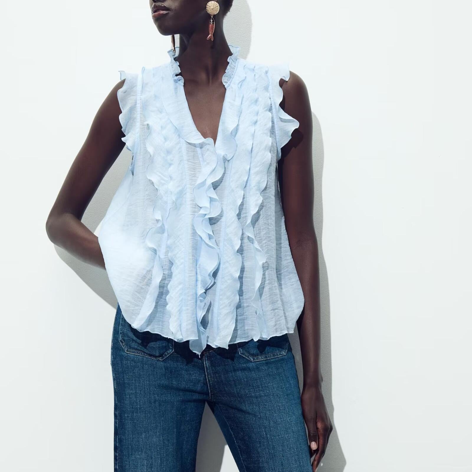 Women Clothing French Laminated Decoration Drape Sleeveless Top