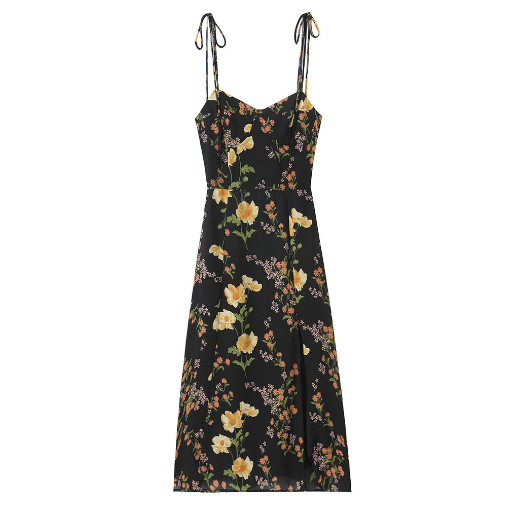 Sexy High Waist Split Floral Slip Dress Summer Tight Waist Slim Mid Length Holiday Dress