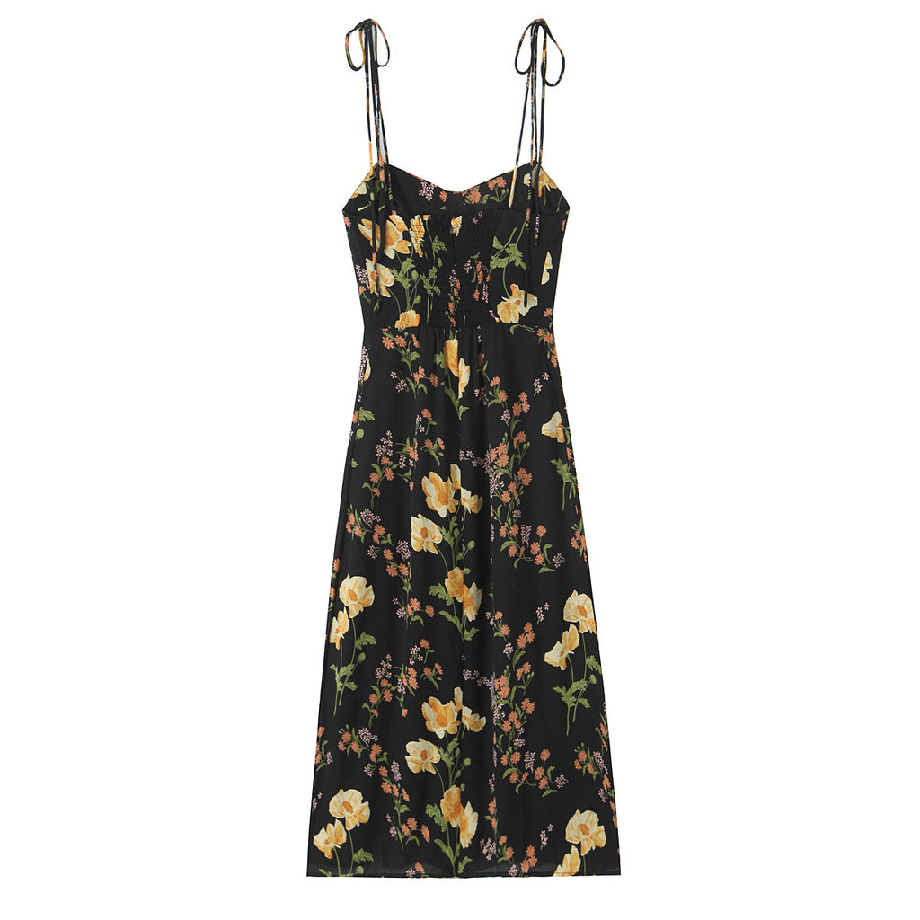 Sexy High Waist Split Floral Slip Dress Summer Tight Waist Slim Mid Length Holiday Dress