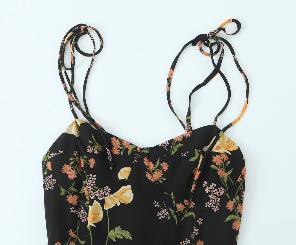 Sexy High Waist Split Floral Slip Dress Summer Tight Waist Slim Mid Length Holiday Dress