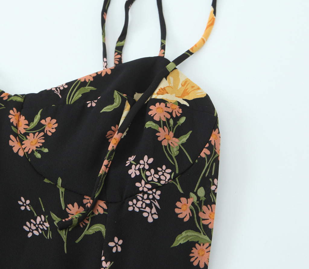 Sexy High Waist Split Floral Slip Dress Summer Tight Waist Slim Mid Length Holiday Dress