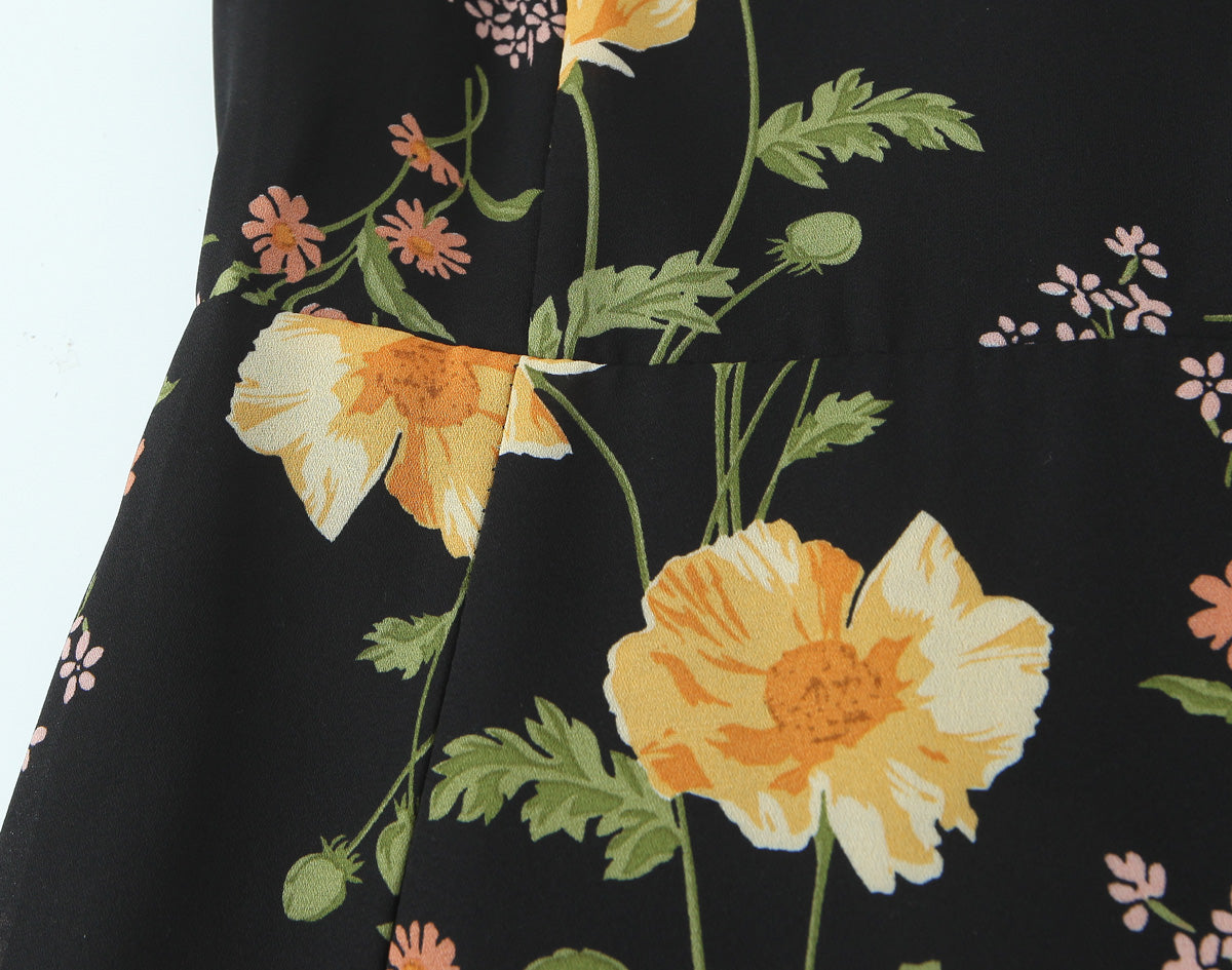 Sexy High Waist Split Floral Slip Dress Summer Tight Waist Slim Mid Length Holiday Dress