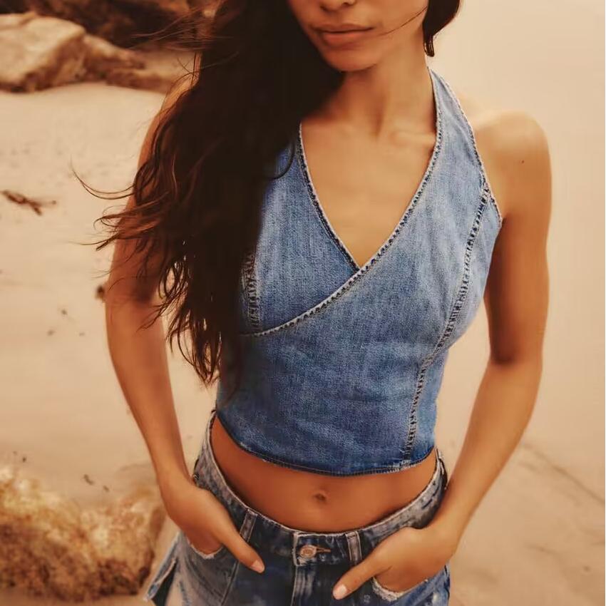 Women Backless Double Breasted Hanging Collar Bow Denim Short Top