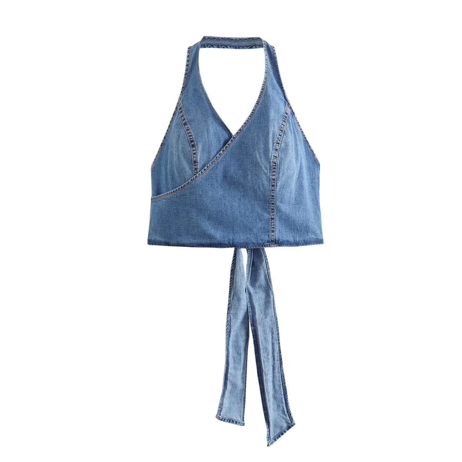 Women Backless Double Breasted Hanging Collar Bow Denim Short Top