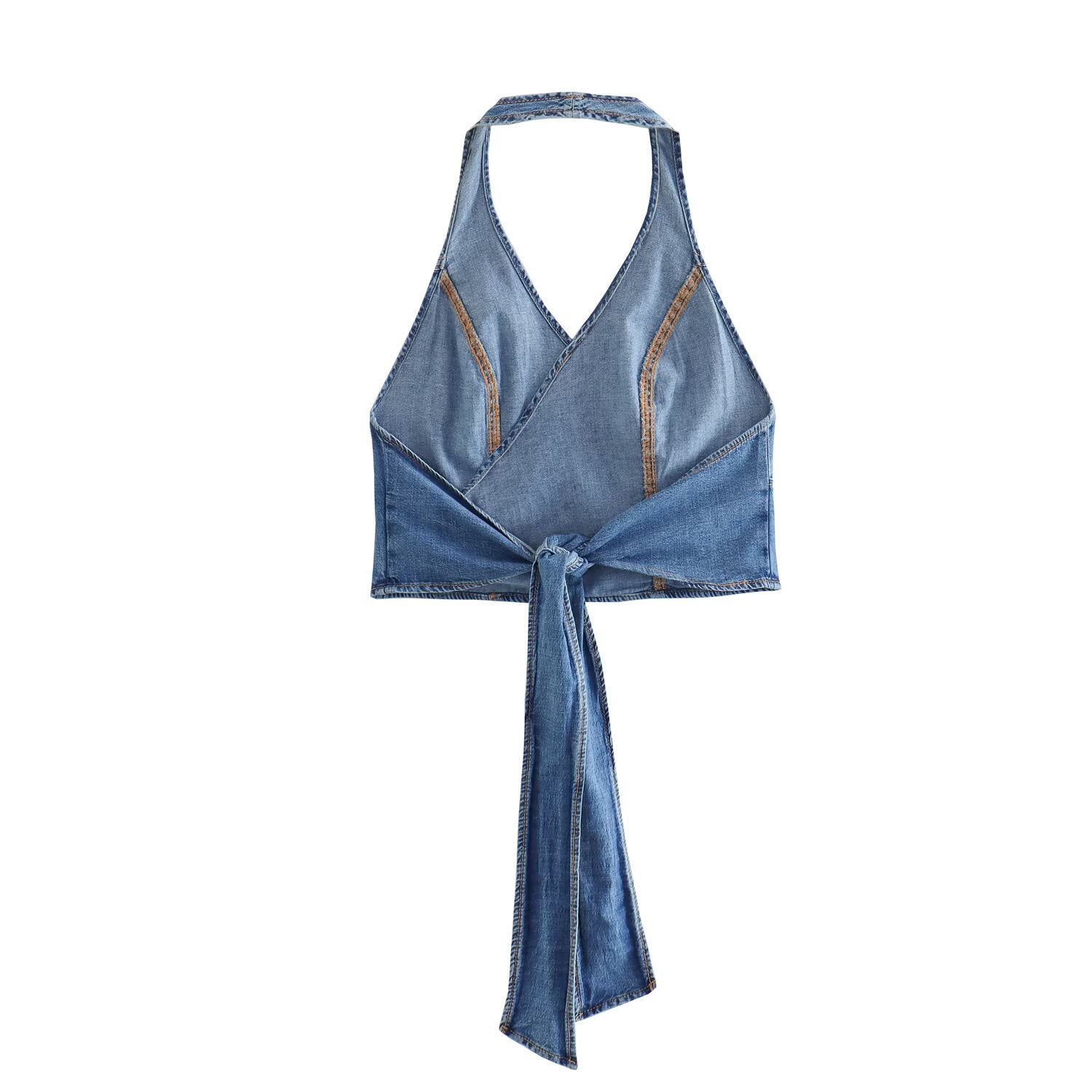 Women Backless Double Breasted Hanging Collar Bow Denim Short Top