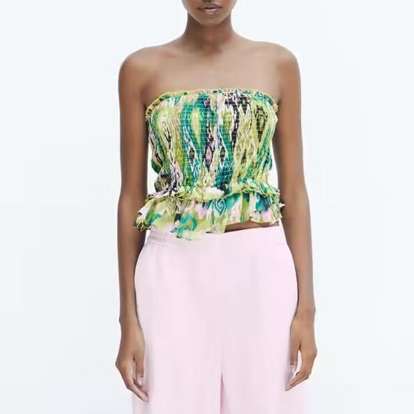 Summer Spring Women Clothing Tube Top Printed Personality Sense Young All Matching Top