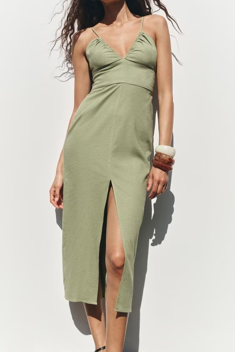 Spring Women Clothing French Design Linen Midi Dress