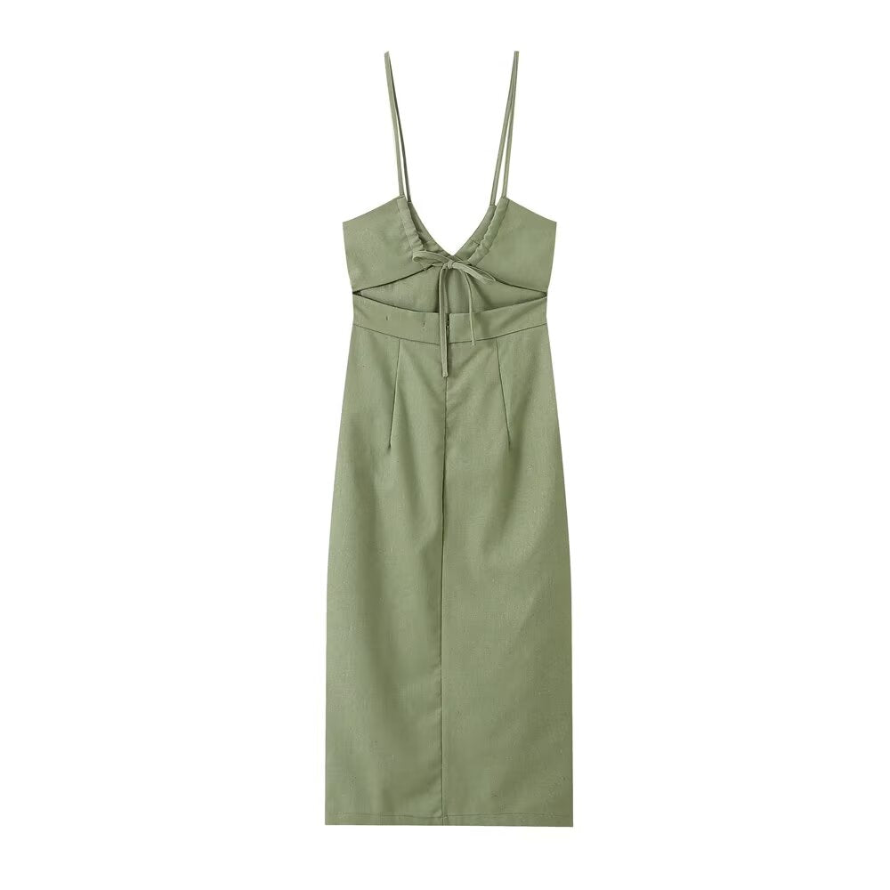 Spring Women Clothing French Design Linen Midi Dress