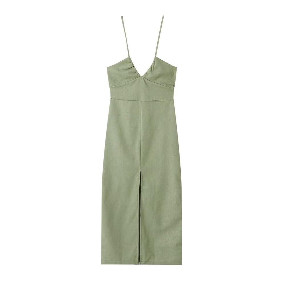 Spring Women Clothing French Design Linen Midi Dress