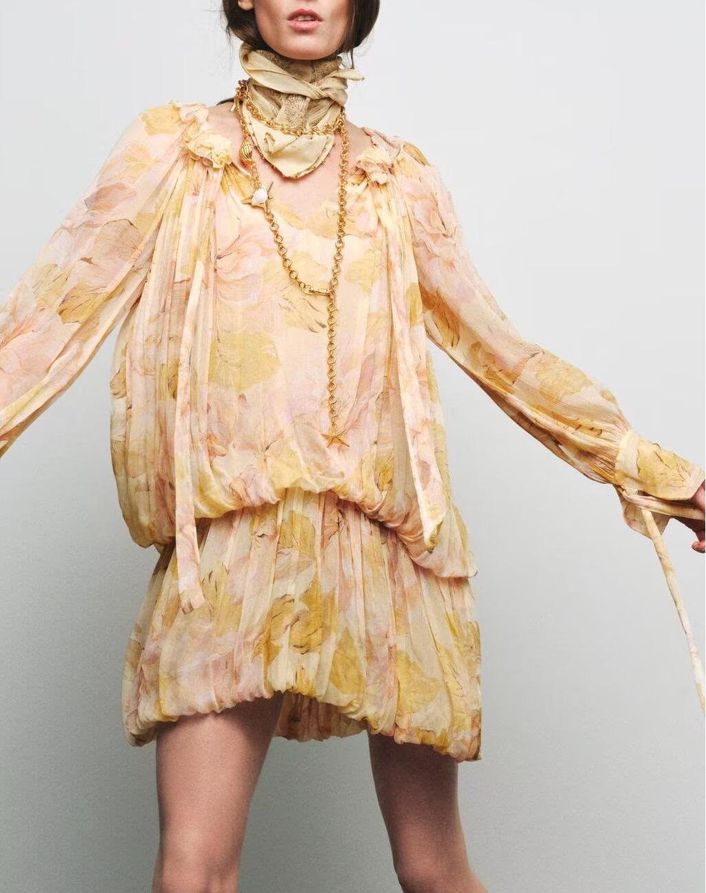 Spring Women Printing Pullover round Neck Long Sleeves Bud Short Dress