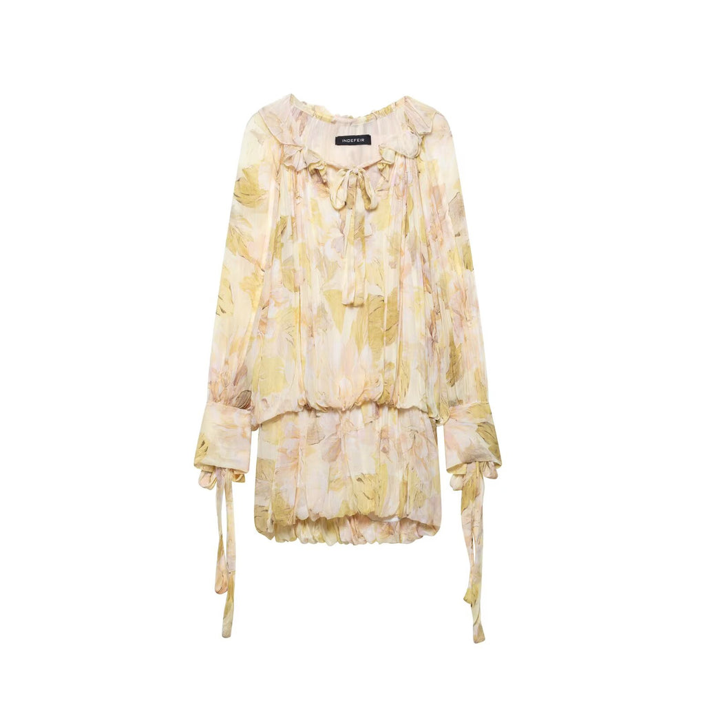 Spring Women Printing Pullover round Neck Long Sleeves Bud Short Dress