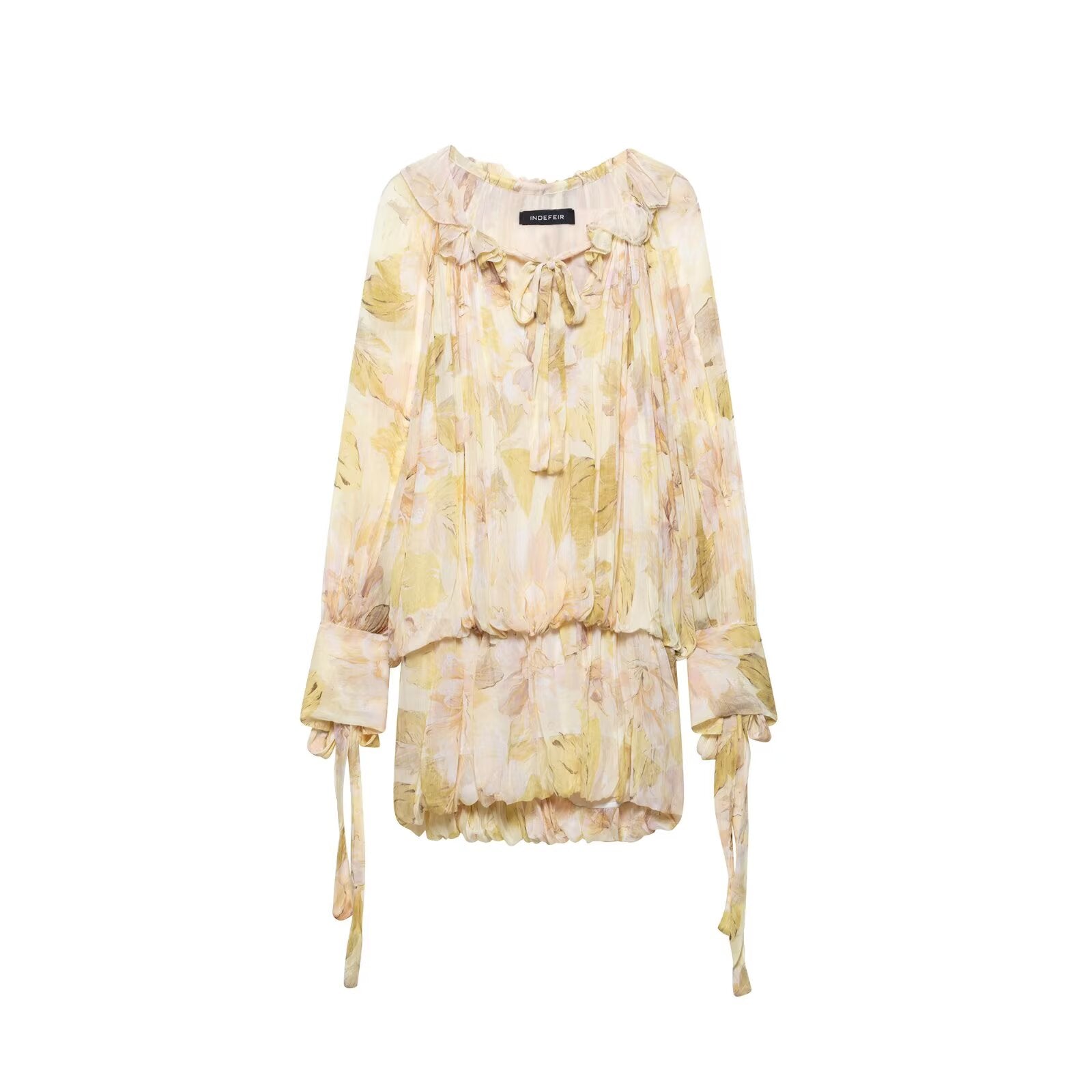 Spring Women Printing Pullover round Neck Long Sleeves Bud Short Dress