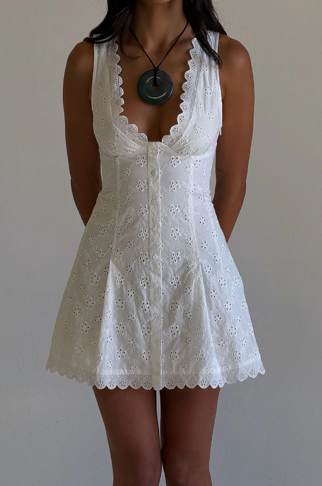 Sexy V neck Lace Embroidered Dress Women Summer Waist Tight Figure Flattering Sleeveless Vest Dress