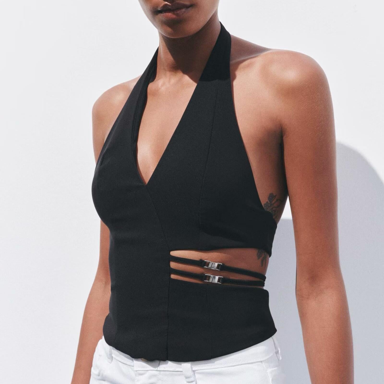 Women Clothing Classic Open Design Hanging Collar Top