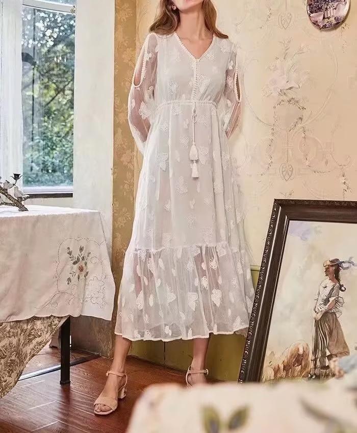 Women Clothing Summer V neck Butterfly Embroidered Lace off Shoulder Waist Chiffon Dress