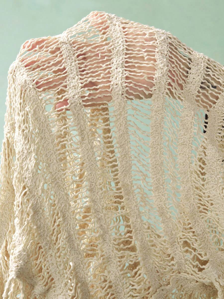 Woomen Crochet Hollowed Out Knitted Tassel Vest Smock Sun Protective Top