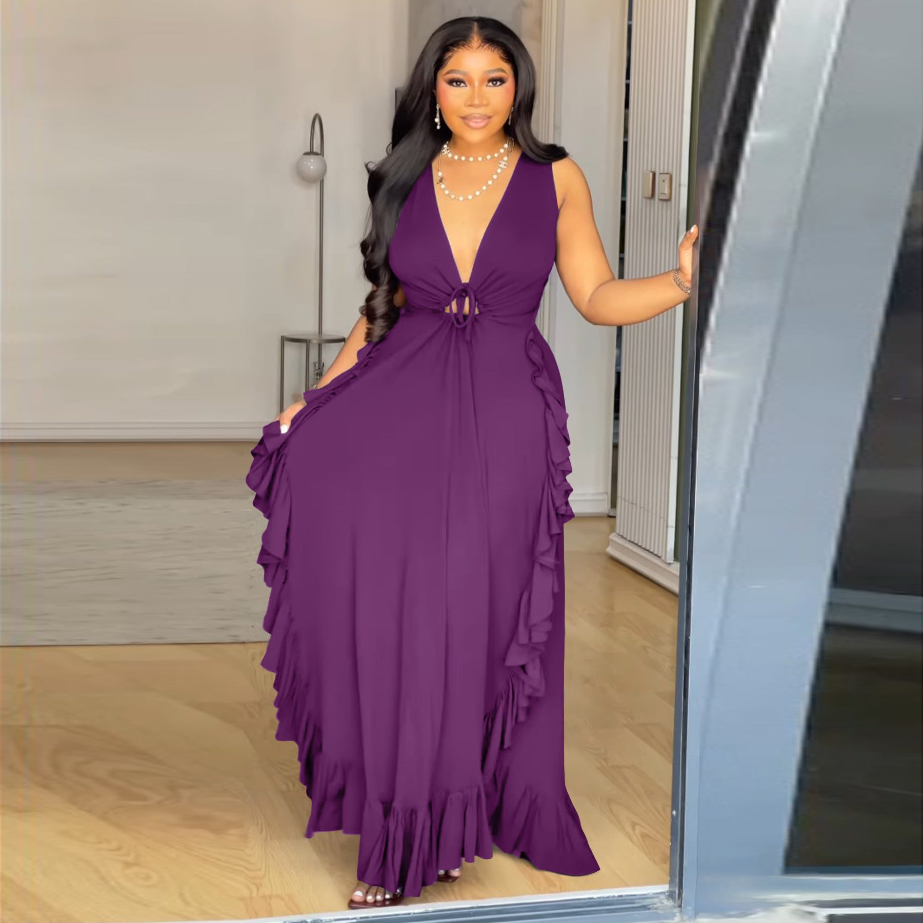 Sexy Cold Shoulder Elegant Ruffled High Waist Crop Top Spaghetti Strap European plus Size Dress