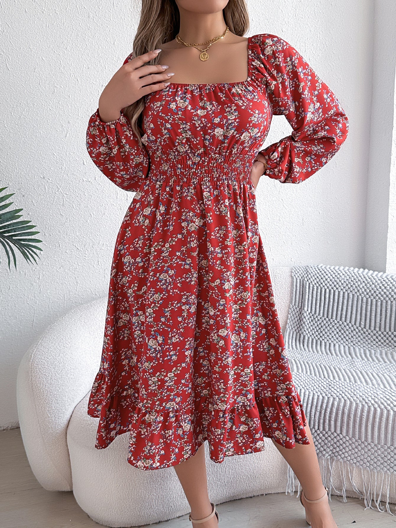 Autumn Winter Elegant Floral Square Collar Long Sleeve Waist Trimming Ruffles A line Women Clothing