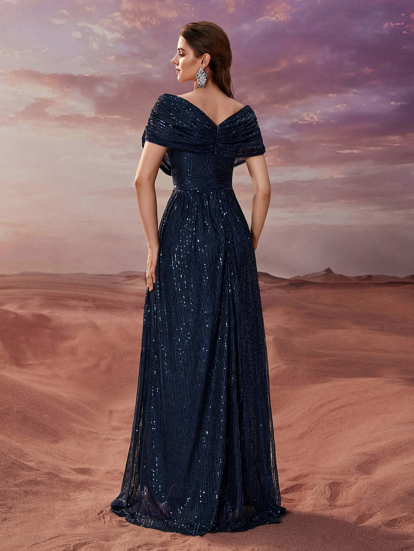 Women Simple Dress Sequined V neck Shawl Short Sleeve Party Evening Dress