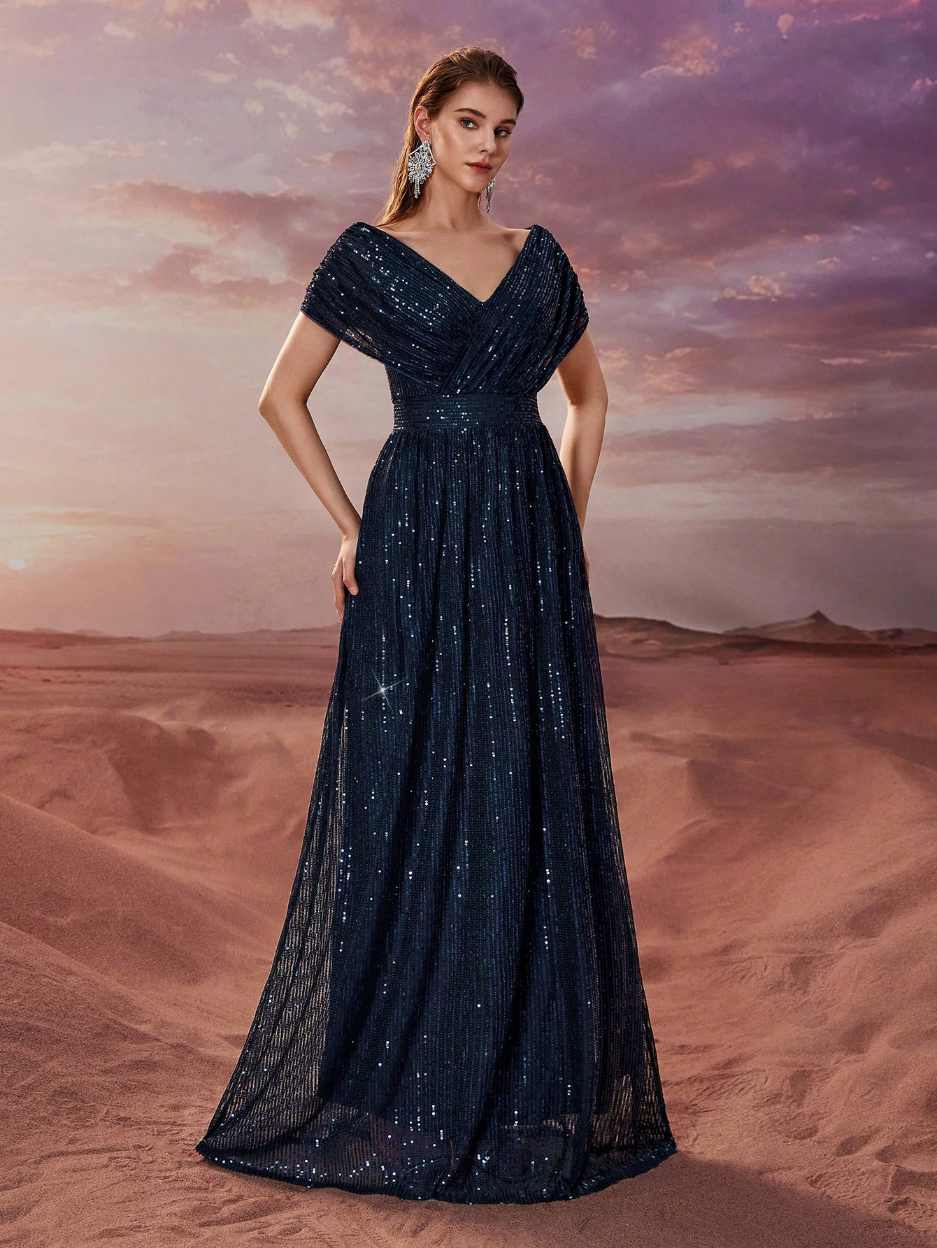 Women Simple Dress Sequined V neck Shawl Short Sleeve Party Evening Dress