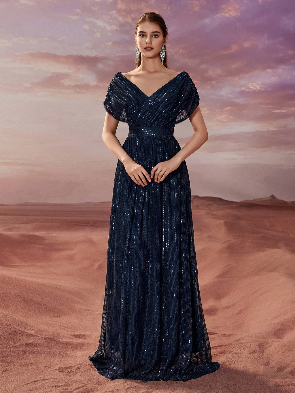 Women Simple Dress Sequined V neck Shawl Short Sleeve Party Evening Dress