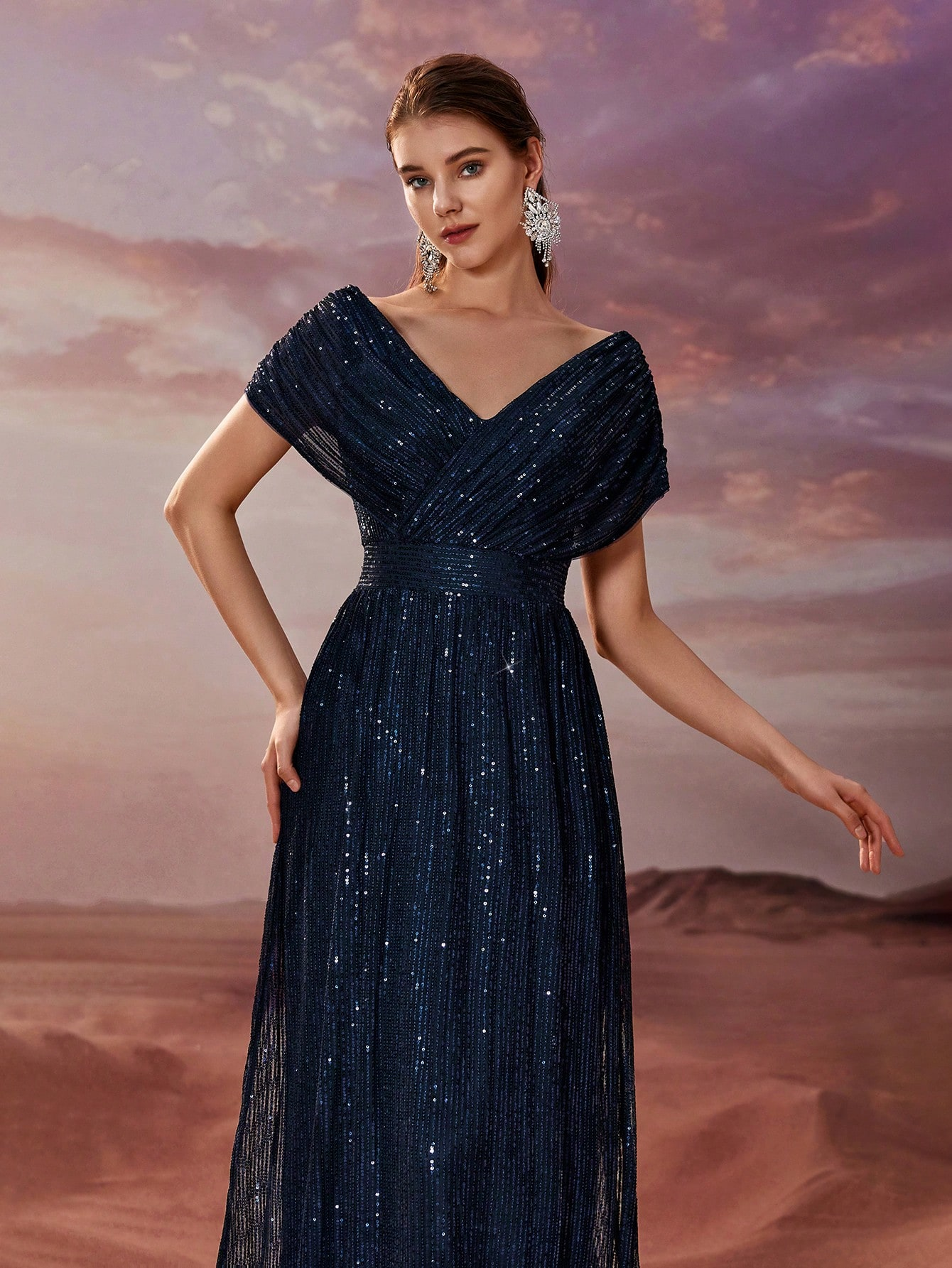 Women Simple Dress Sequined V neck Shawl Short Sleeve Party Evening Dress