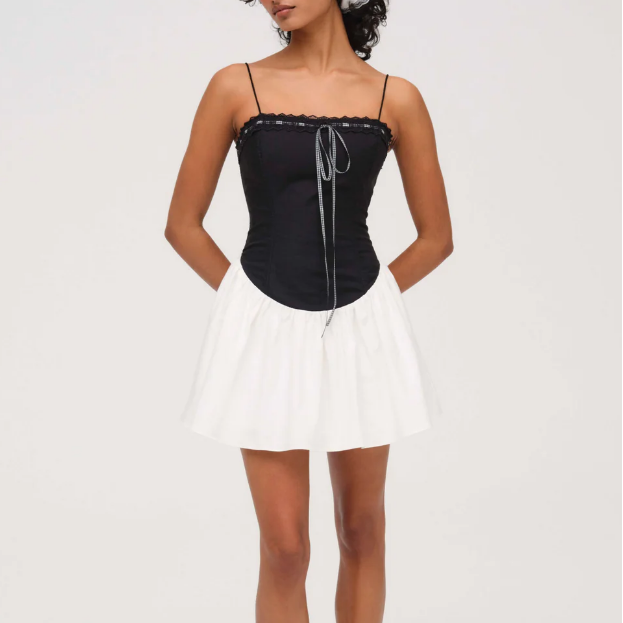 Summer Women Sexy Lace Boning Corset Sling Dress Waist Stitching Lace up Waist Controlled Dress