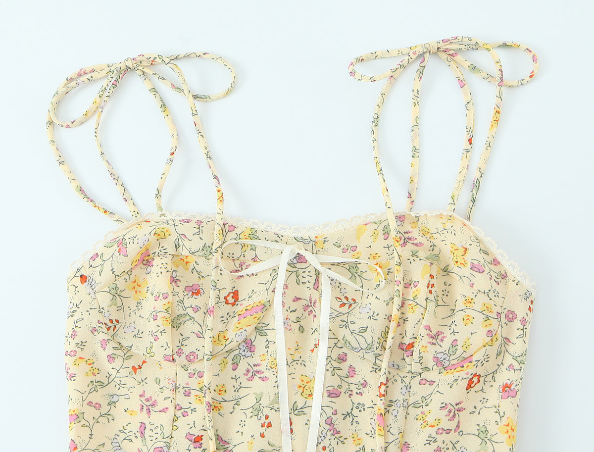Women Sexy Backless Hip Women Bow Floral Strap Dress