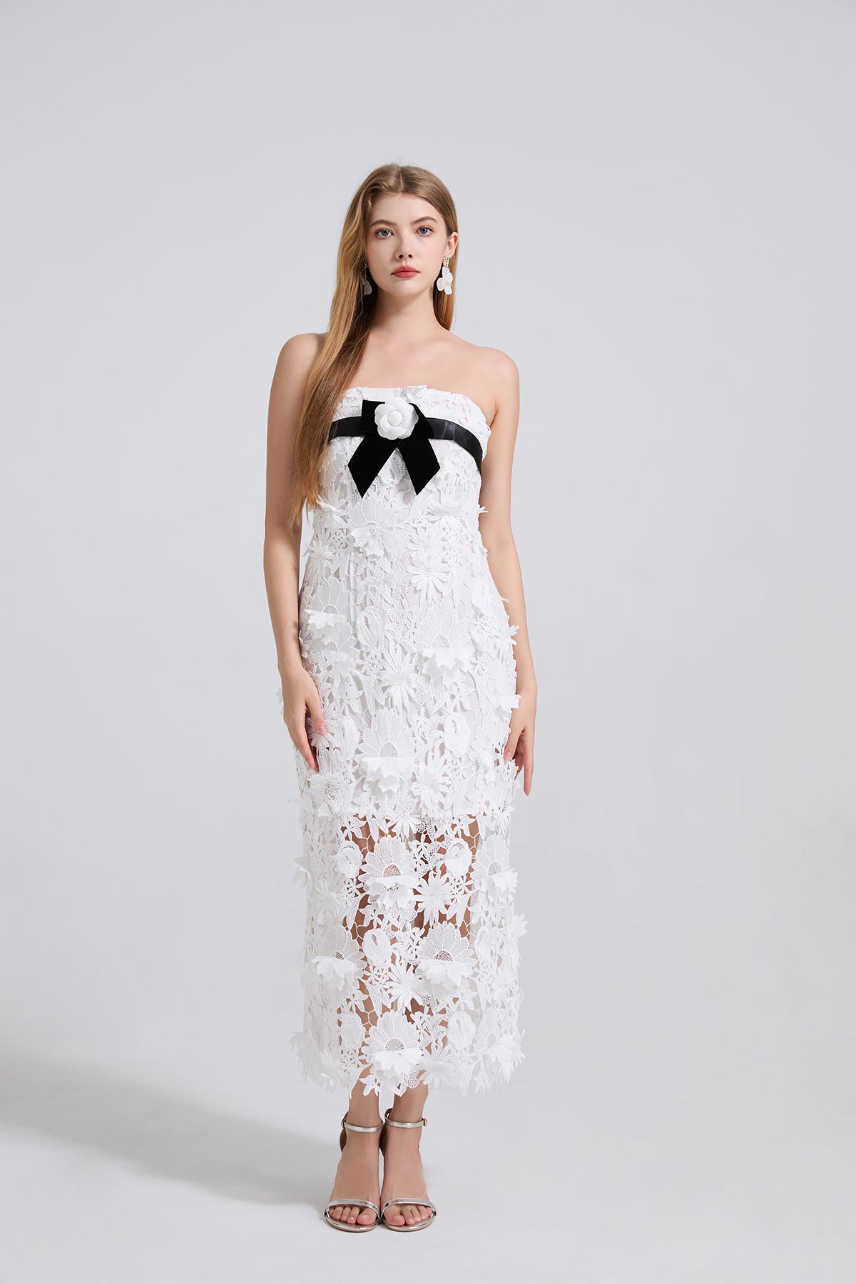 Women Lace Three Dimensional Flower Embroidery Elegant Dress