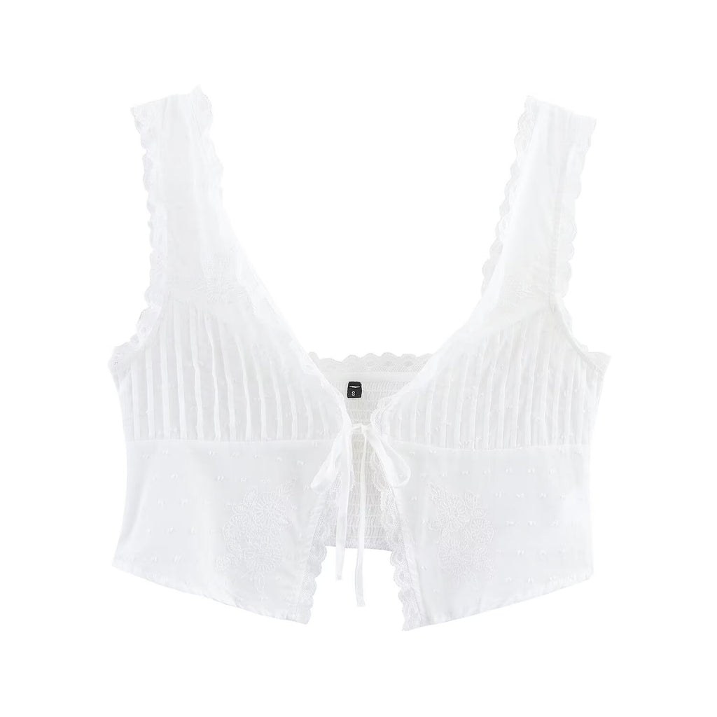 Summer Women Clothing Tulle Bowknot Decoration V neck Short Top