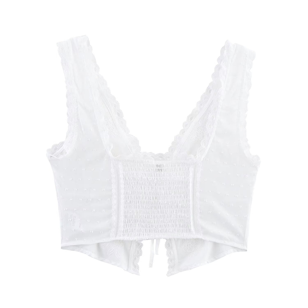 Summer Women Clothing Tulle Bowknot Decoration V neck Short Top