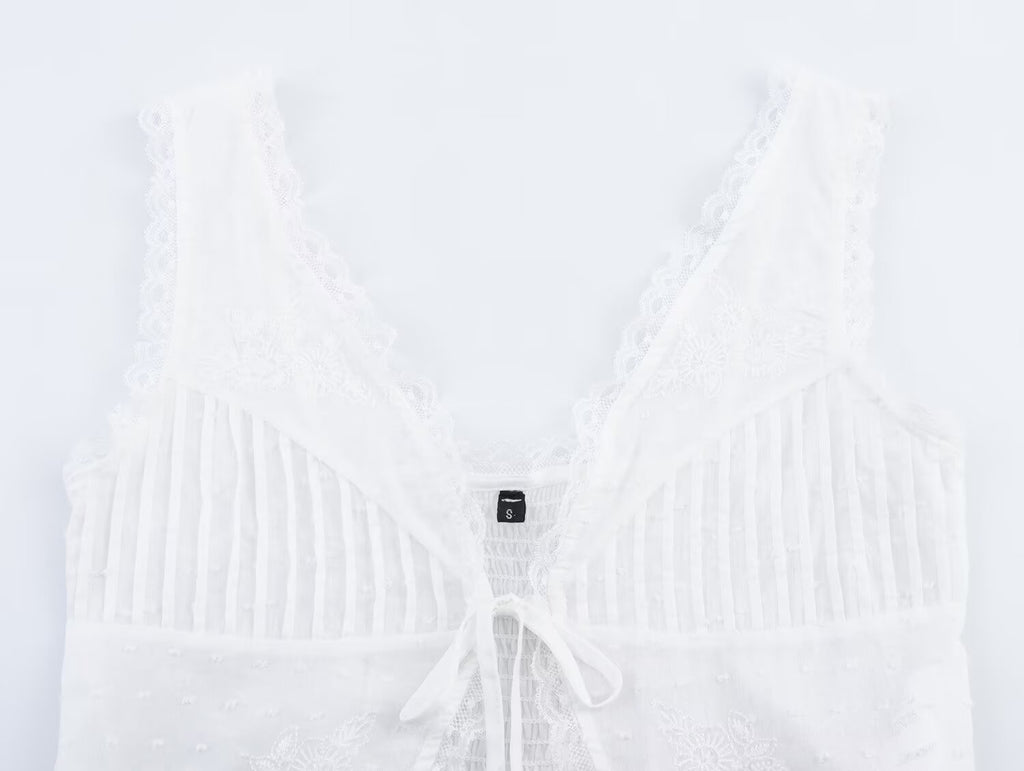 Summer Women Clothing Tulle Bowknot Decoration V neck Short Top