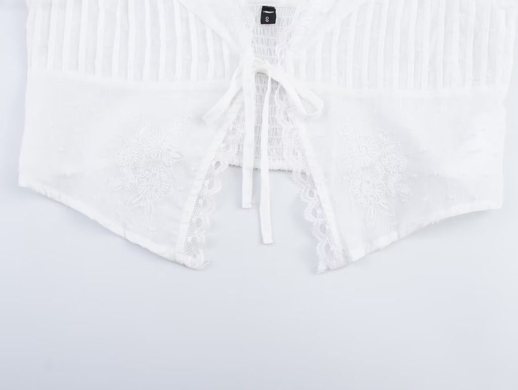 Summer Women Clothing Tulle Bowknot Decoration V neck Short Top