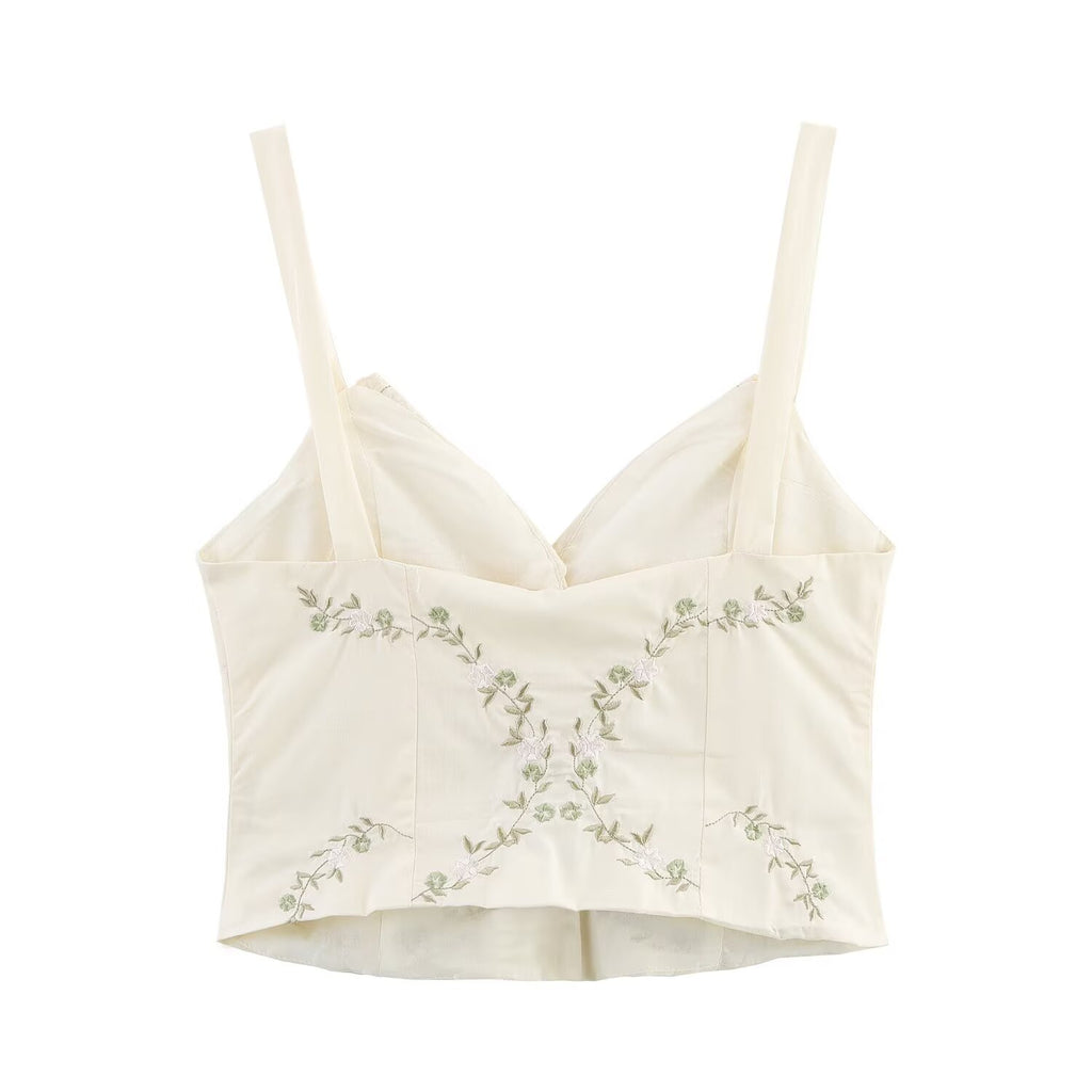 Summer Women Clothing Embroidered Poplin Cotton V neck Strap Top