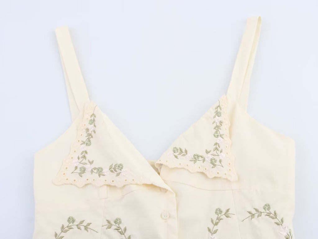 Summer Women Clothing Embroidered Poplin Cotton V neck Strap Top