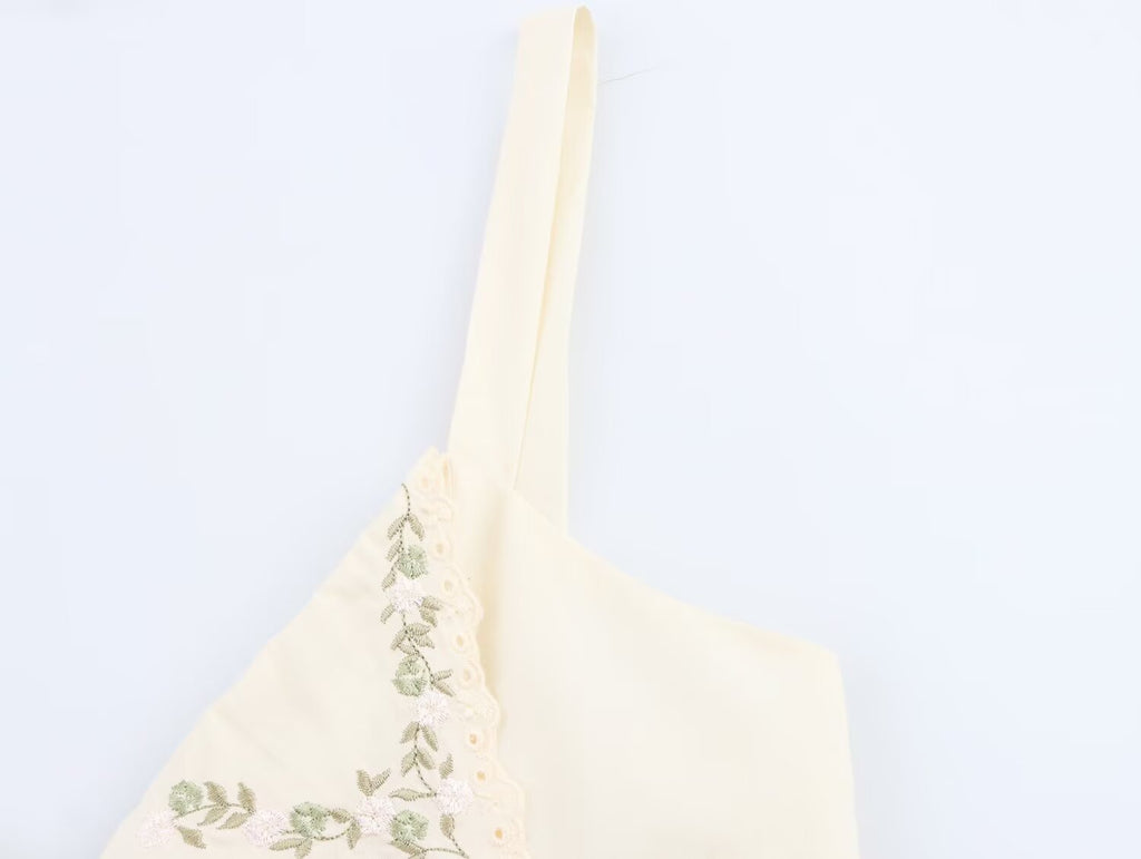 Summer Women Clothing Embroidered Poplin Cotton V neck Strap Top